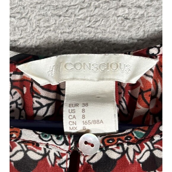 H&M Conscious Womens Maxi Dress 8 Chiffon Red Floral Sheer Smocked Boho Key Hole - Picture 10 of 16